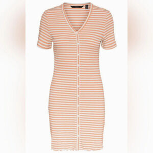 Vero Moda Coral White Striped Ribbed Mini Shirt Dress Small Petite